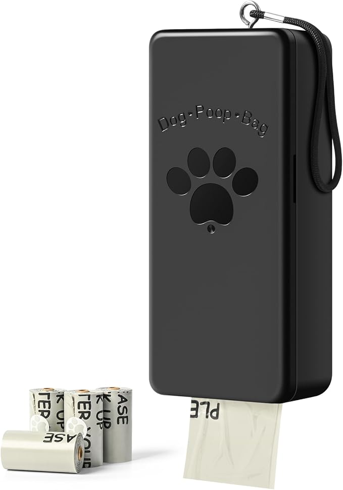 Dog Poop Bag Dispenser, Wall-Mounted Dog Bag dispenser Outdoor or Indoor for Doggy and Pets, Black Poop Holder for Yard and Park, Included 4 Rolls (60 Bags)