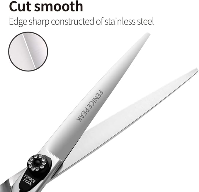 Fenice Peak 7.0'' Dog Straight Scissors For Grooming Pet Hair Cutting Shears 440C Stainless Steel Black Non-Slip Handle Sharp Blades Professional Pet Trimming Scissors for Cats