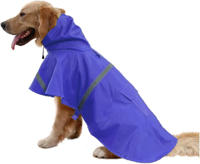 Mikayoo Large Dog Raincoat Adjustable Pet Waterproof Clothes Lightweight Rain Jacket Poncho Hoodies with Strip Reflective(Dark Blue,XXXL)