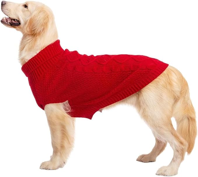 Mihachi Turtleneck Dog Sweater - Winter Coat Apparel Classic Cable Knit Clothes with Leash Hole for Cold Weather, Ideal Gift for Pet in New Year Red 2XL