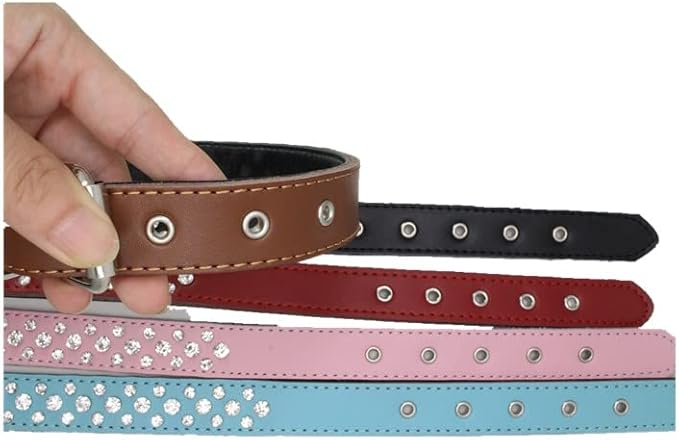 Rhinestones Dog Collar, Adjustable Sparkly Crystal Studded Genuine Leather Pet Dog Collar for Small and Medium Dogs (S, Dark Blue)