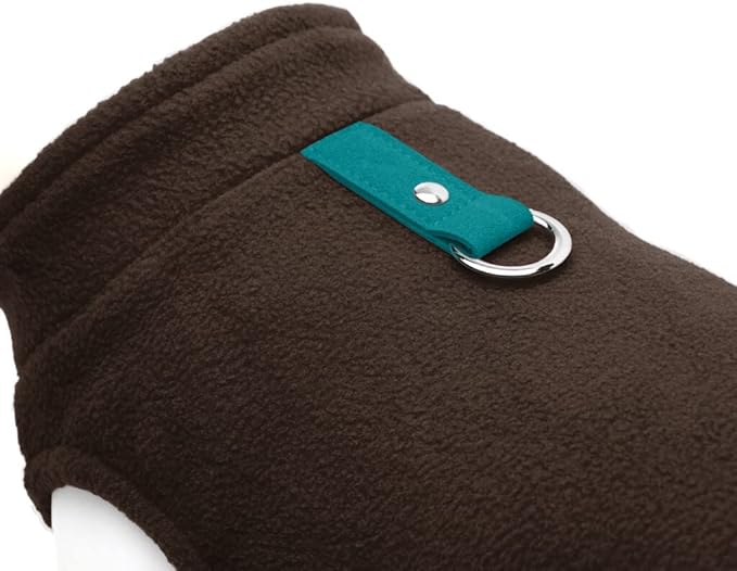 Gooby Fleece Vest Dog Sweater - Brown-Turquoise, Small - Warm Pullover Jacket with O-Ring Leash - Winter Coat for Cold Weather - Clothes for Small Dogs Boy or Girl