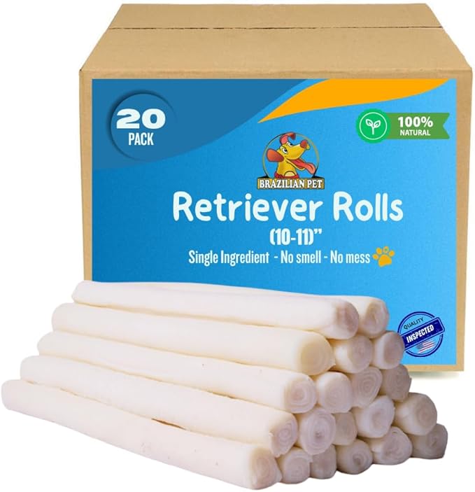 Brazilian Pet All Natural Treats Rawhide Retriever Beefhide Rolls Dog Chews Bones, Single Ingredient - Long Lasting Chew 10-11" (20 Count)
