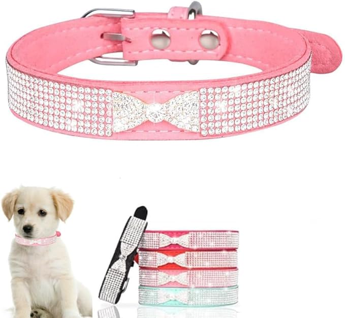 Serijoars Small Dog Collar with Rhinestone Crystal Diamond Colorful Bling Girl Puppy Cat Collars (S, Pink3)