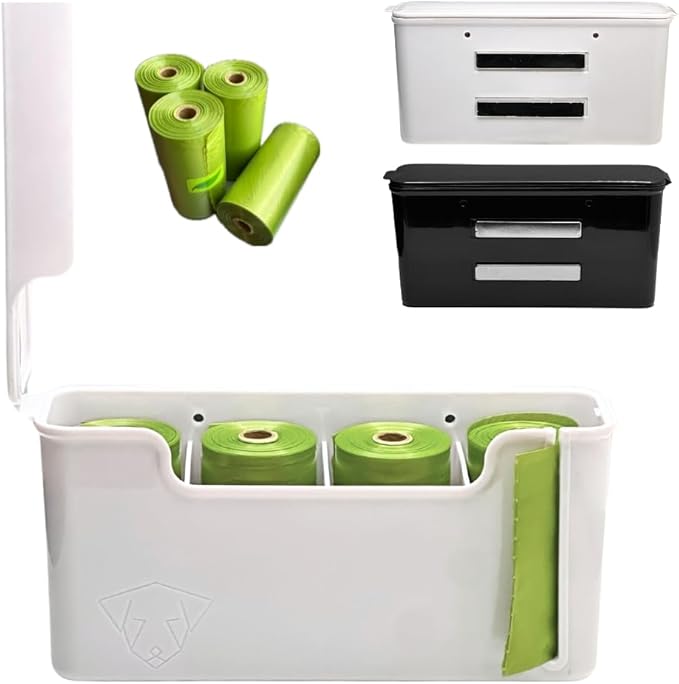 Dog Poop Bag Dispenser - Magnetic Mount - Indoor/Outdoor - Wall Mount - Waste Bag Dispenser - Magnet - Screw-on - Storage - Container + 60 Waste Bags (Storm White)