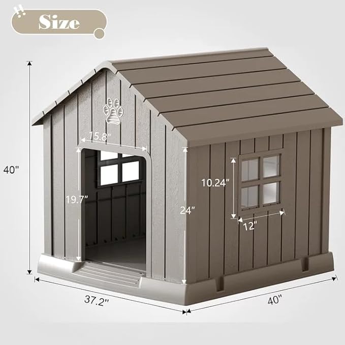 Dog House for Outdoor & Indoor Use with Window, Waterproof Ventilated Kennel with Elevated Floor, Easy to Clean Shelter for Small Medium Large Dogs (Grey, 37.2" L x 40" W x 40" H)