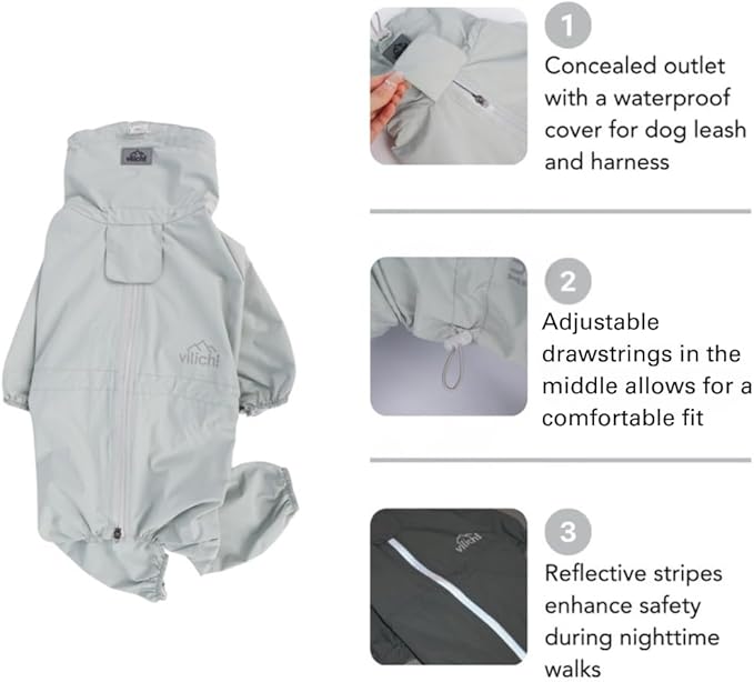 Dog Raincoat, Waterproof Coat, Light Weight & Weather Resistant Shell, Full Coverage Rain Jacket with Legs, Grey, Including Storage Bag, for Medium Breed (XX-Large)