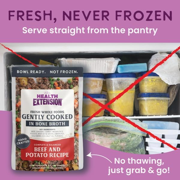 Health Extension Gently Cooked Beef & Potato Dog Food, Human-Grade and Shelf-Stable with Superfoods, Supports Digestion, Immunity, Skin & Coat, 3 oz Pouch (Pack of 10)