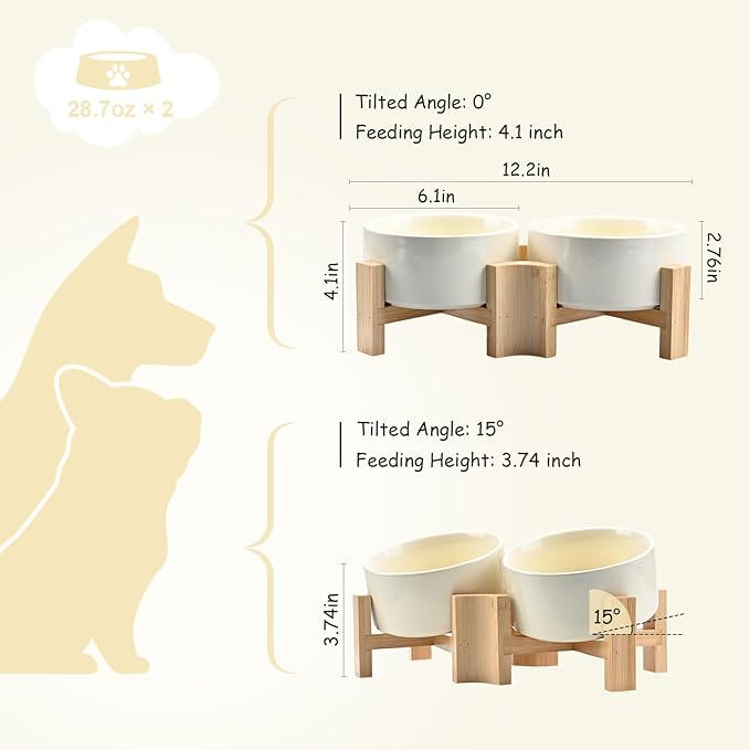 SPUNKYJUNKY 15° Slanted Ceramic Dog and Cat Bowl with Wooden Stand, Tilted Bulldog Food and Water Bowl No Slip Non-Spill for Cats Medium Dogs Big Face Pets 28.7 OZ (3.6 Cups, Beige × 2)
