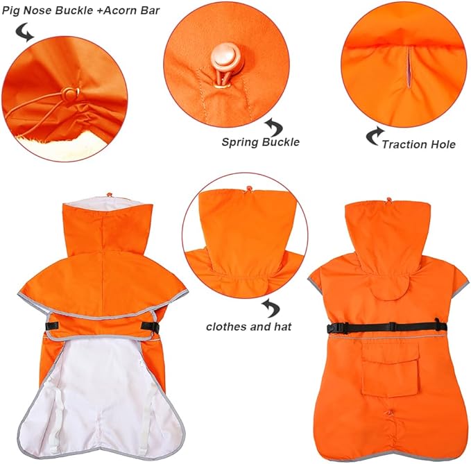 Reflective Dog Raincoat Waterproof Adjustable Dog Hooded Poncho Raincoat for Medium Large Dogs, Lightweight Pet Rain Jacket (Orange, 2XL)