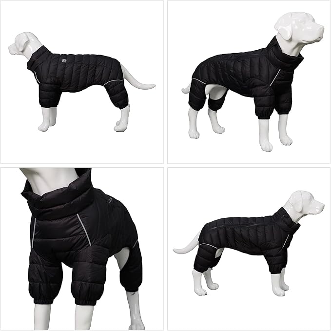 Warm Dog Coat, 4 Legs Covered Waterproof Windproof Reflective Vest, Zippered Adjustable Outdoor Snow Jacket for Small Medium Large Dogs Black M