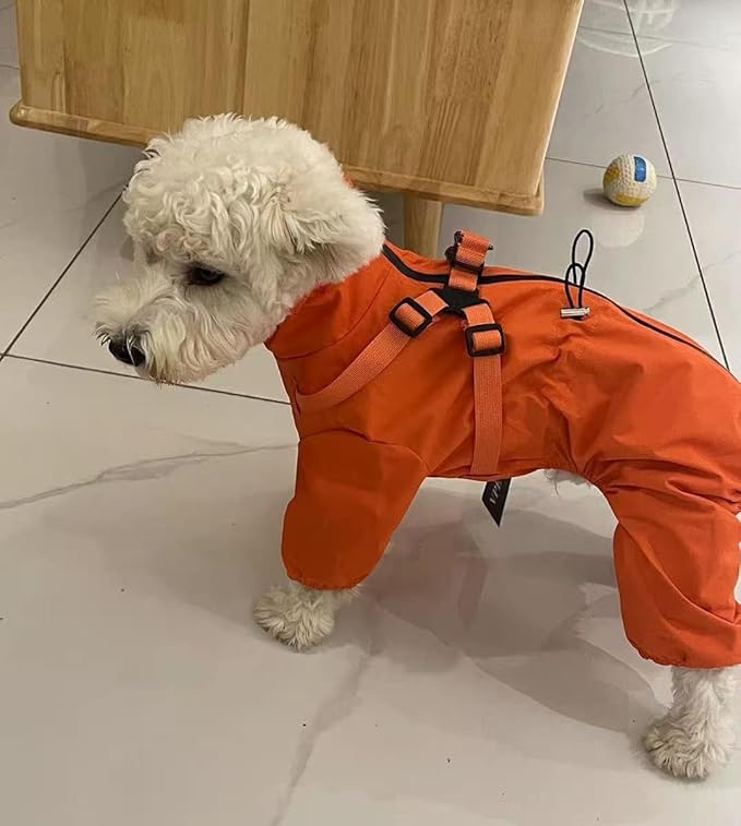 Mile High Life Waterproof Dog Raincoat, Full Coverage Small Dog Rain Coat with Harness, Adjustable 4 Legs Puppy Rain Jacket with Reflective Strip and Elastic Cuffs (Orange, S Back Length 13")