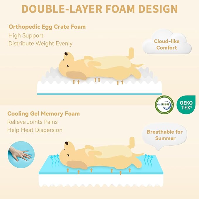 Orthopedic Dog Beds for Large Sized Dogs, Waterproof Memory Foam Large Pet Bed with Sides 36x27Inch, Non-Slip and Egg-Crate Foam Big Dog Couch Bed with Removable Washable Cover, Light Grey
