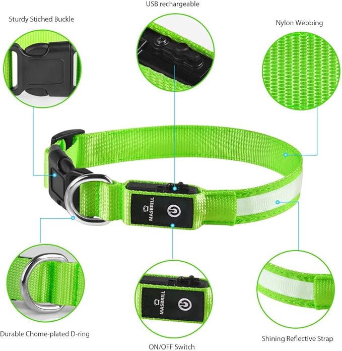 MASBRILL LED Dog Collar - Light Up Dog Collars Rechargeable - Waterproof Night Walking Glowing Dog Collar for Small, Medium, Large Dogs