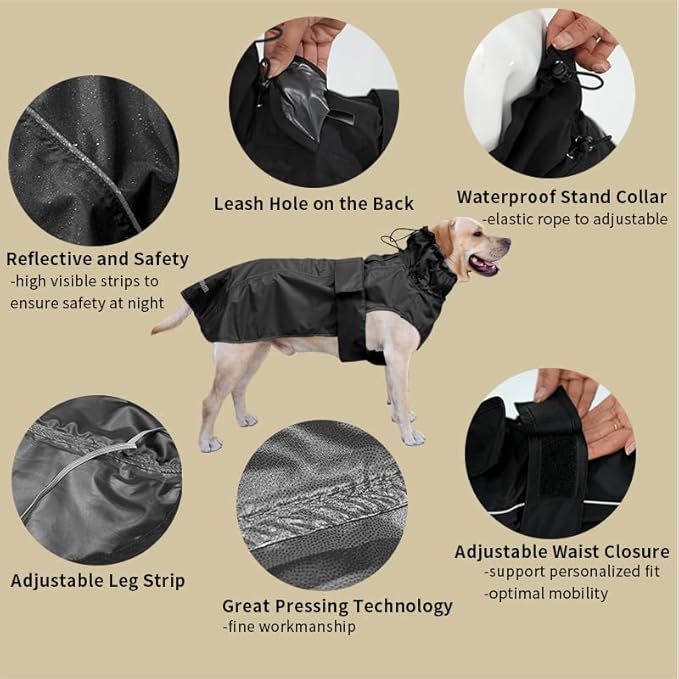 Adjustable Waterproof Dog Raincoat for Dogs,Lightweight Pet Rain Jacket Puppy Clothes with Reflective Strip for Small Medium Large Dogs (Black, XX-Large)