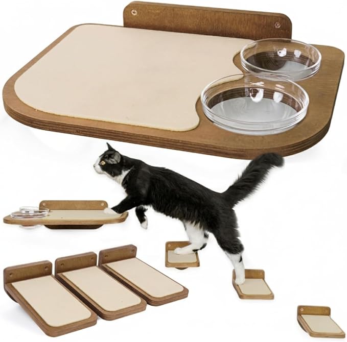 INICIO Cat Wall Shelves – Dog Proof Feeding Station with Wall Mounted Shelves, Durable 3 Step Birch Floating Shelf for Cats Up to 15lbs, Includes Attached Cat Food Bowl for Convenient Feeding – Brown
