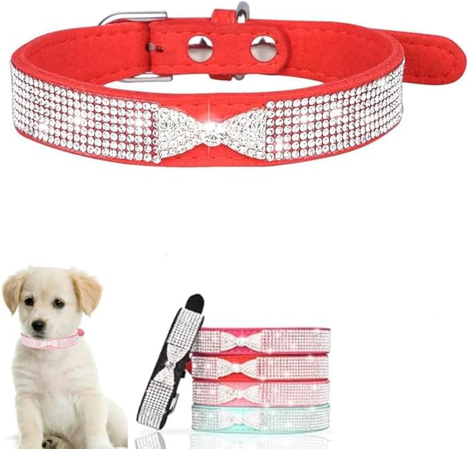 Serijoars Small Dog Collar with Rhinestone Crystal Diamond Colorful Bling Girl Puppy Cat Collars (S, Red3)