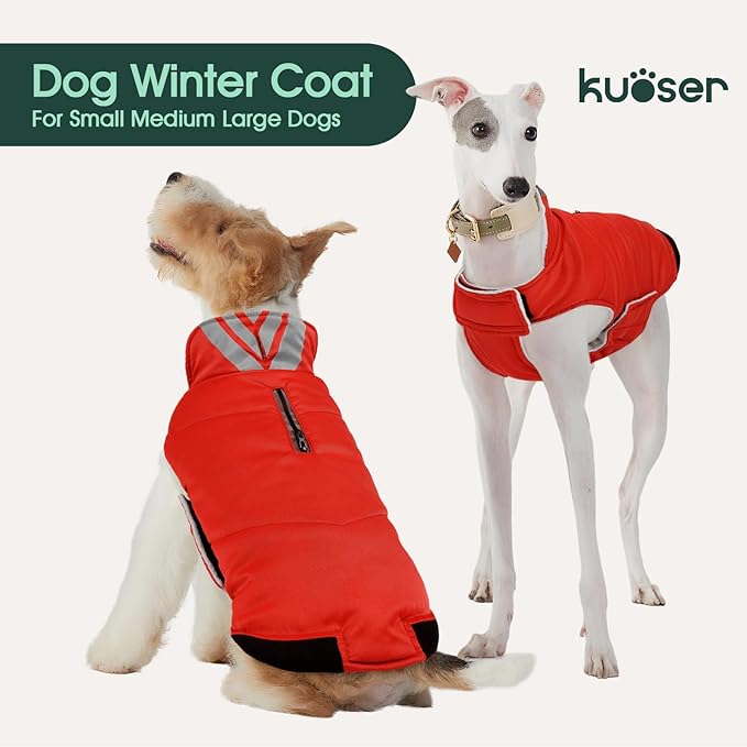 Kuoser Dog Coat Medium, Cold Weather Reflective Waterproof Dogs Jacket with Warm Fleece Lining, Turtleneck Dog Winter Coat with Zipper, Doggy Snow Jacket Pet Coats for Small Medium Large Dogs, Red M