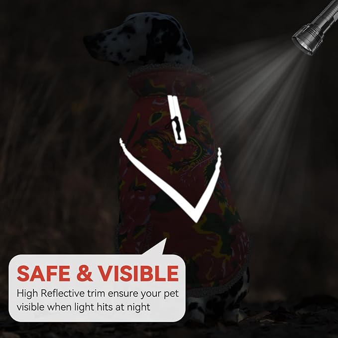 VIVAGLORY Snowrap Dog Coat, Jacket with Harness Hole & Velcro Closure, Dog Coat for Winter & Cold Weather, Fluffy Warm Fleece Lined Reflective Water Resistant for Puppy, L, Northeast Florals-Red