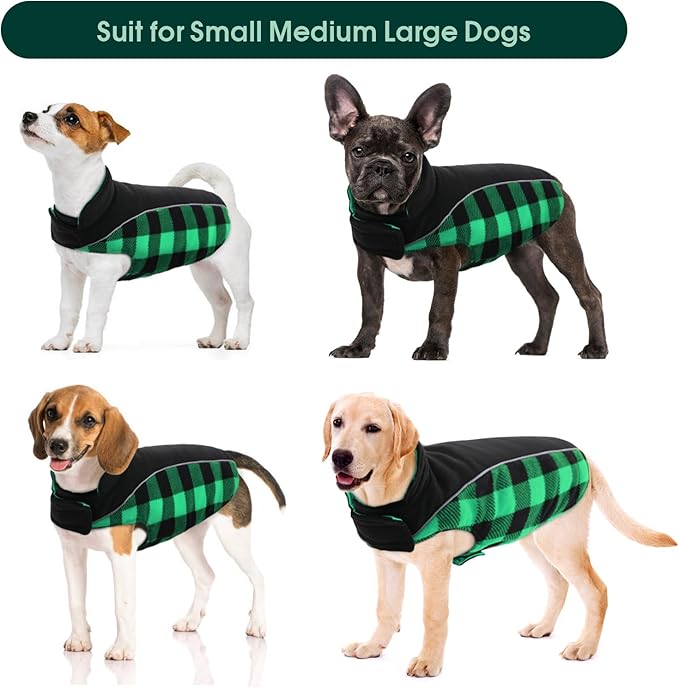 Kuoser Dog Winter Coat, Reversible Waterproof Dog Jacket with Leash Hole, Warm Dogs Fleece Vest Adjustable Doggy Cold Weather Clothes Plaid Christmas Outfit Pet Apparel for Extra Large Dogs, Green 3XL
