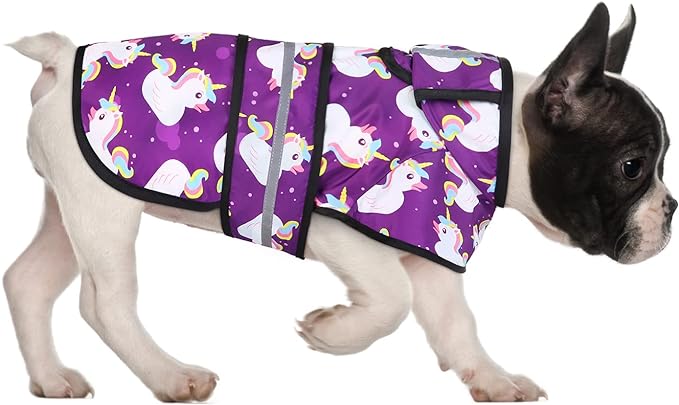 HDE Dog Raincoat Jacket Reflective Adjustable Hooded Pet Poncho Rain Coat with Leash Hole for Small to X-Large Dogs Purple Unicorn Ducks - M