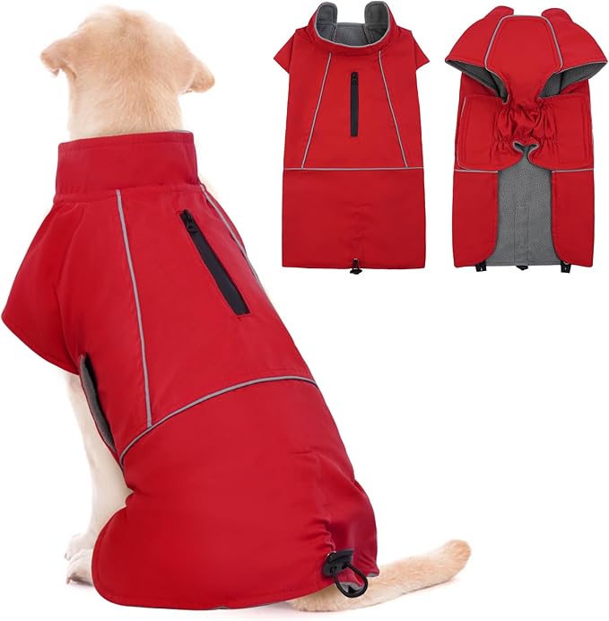 ROZKITCH Dog Raincoat Jacket, Waterproof Sweater with Fleece Liner and Leash Hole Reflective Strip for Small Medium Dog, Adjustable Windproof Poncho Vest for Outdoor Hiking Travel Red M