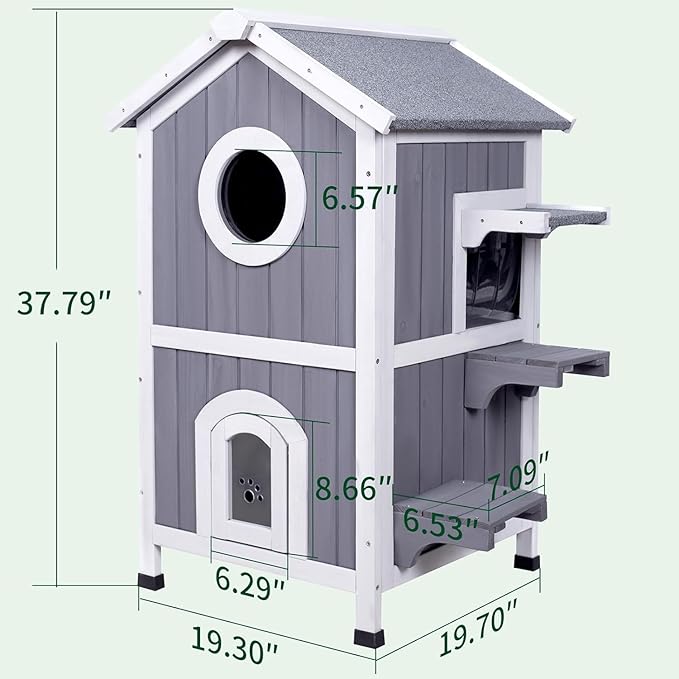 GEGURI Outdoor Cat House Winter-Proof, Two-Story Insulated Cat Shelter for Feral Cats with Thermal Layer, Removable Roof, Balcony & Escape Door, Weatherproof & Warm Shelter for Cats