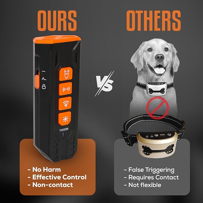 NEEDIT Dog Bark Deterrent Device to Stop Own or Neighbor’s Dog Barking, Biting & Fighting with Long Range – Rechargeable Ultrasonic Portable Anti Barking Device with 3X Sonic Emitters & Flash (Black)
