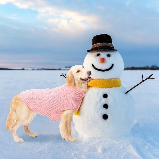Mihachi Turtleneck Dog Sweater - Winter Coat Apparel Classic Cable Knit Clothes with Leash Hole for Cold Weather, Ideal Gift for Pet in New Year Flesh Pink Large