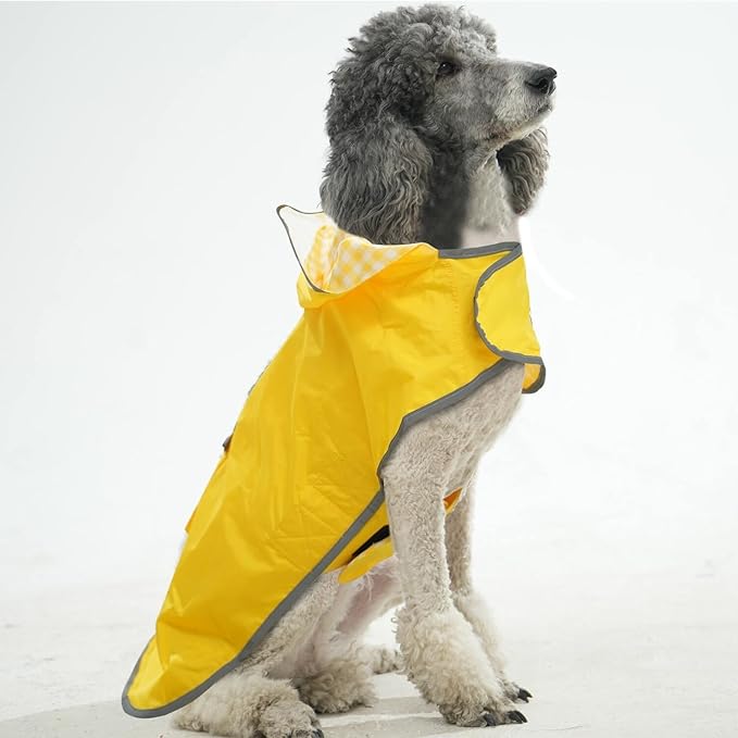 MAMORE Dog Raincoat Reversible,Waterproof Dog Rain Coat Hooded Slicker Poncho with Reflective Strip, Plaid Double Layer Rain Jacket for Small Medium Large Dogs (Yellow, X-Small)