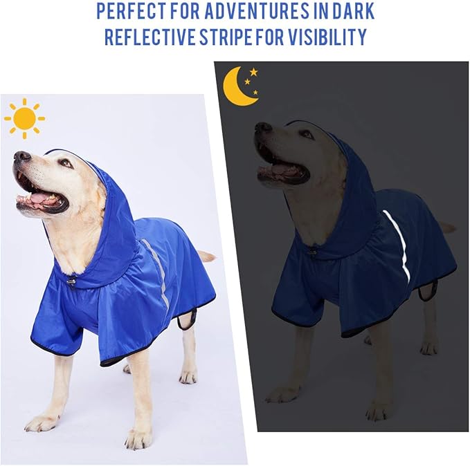 Dog Raincoat with Adjustable Belly Strap and Leash Hole - Hoodie with Reflective Strip - Waterproof Slicker Lightweight Breathable Rain Poncho Jacket for Medium Large Dogs - Easy to Wear, Blue 5XL