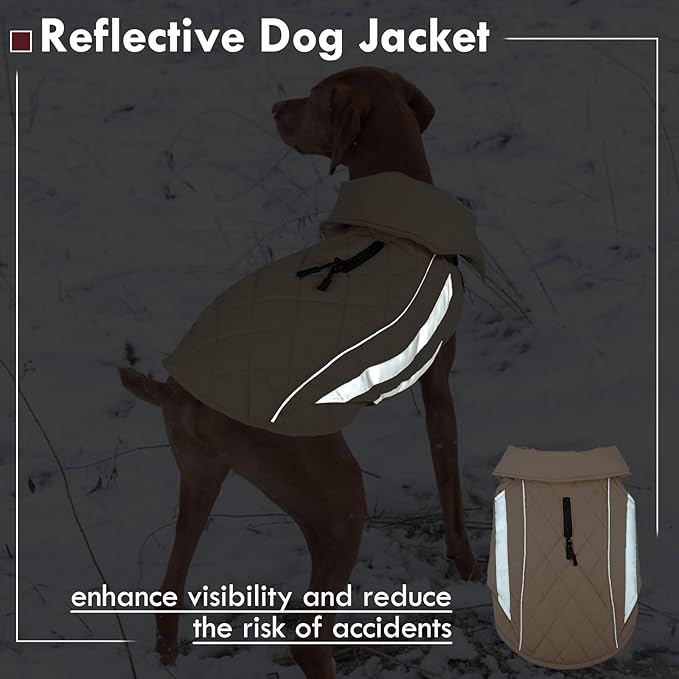 Winter Dog Coat Waterproof Reflective Dog Jacket for Extra Large Dogs with Harness Hook & Loop Turtleneck Fleece Snowsiut for Dogs Great Dane, Khaki 5XL