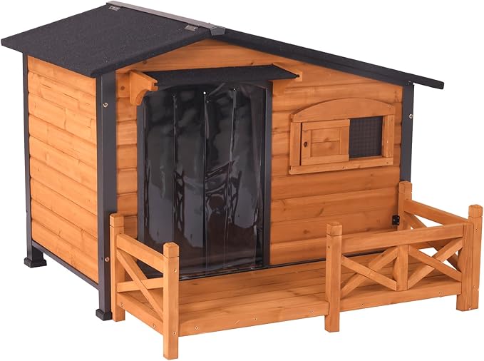 GUTINNEEN Outdoor Wooden Dog House with Metal Frame, Porch and Ventilation Window, Weatherproof Shelter for Small to Medium Dogs, 44.6" L x 41.1" W x 32.9" H (Brown)