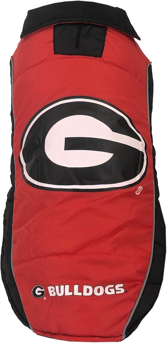 NCAA Georgia Bulldogs Puffer Vest for Dogs & Cats, Size Large. Warm, Cozy, and Waterproof Dog Coat, for Small and Large Dogs/Cats. Best NCAA Licensed PET Warming Sports Jacket