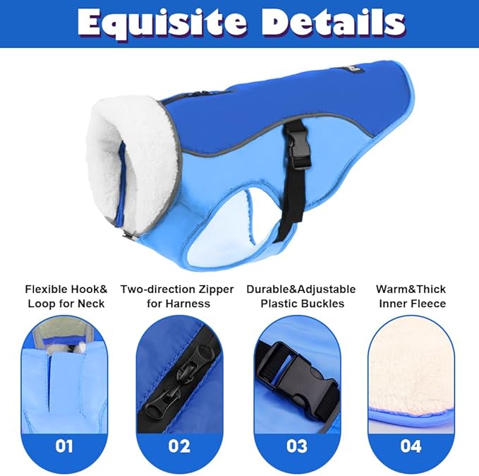EMUST Dog Cold Weather Coats, Fleece Lining Small/Medium/Large Dog Jacket for Winter, Warm Pet Winter Clothes for Large Dogs, New Blue, XL