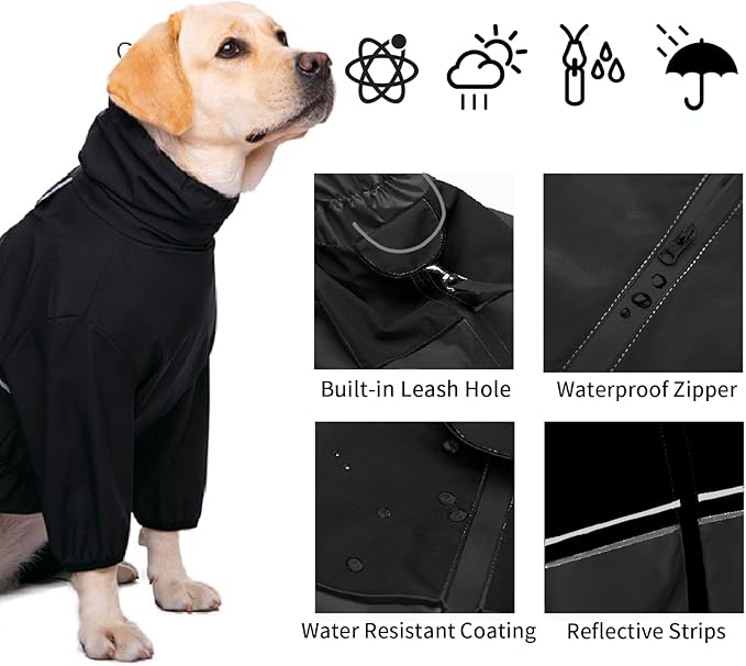 Dog Raincoat,Waterproof Windproof Rain Jacket,All-Weather Jacket,for Small Medium Large Extra Large Dogs (Black, X-Large)
