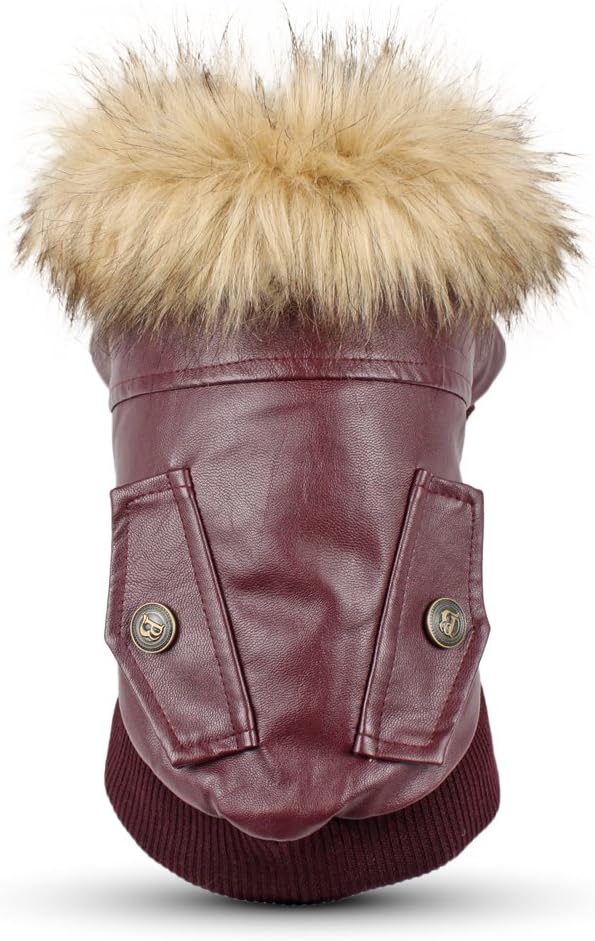 LESYPET Dog Leather Jacket for Small Dogs, Waterproof Dog Winter Jacket Puppy Coat with Fleece Lined, Ultra Warm Fur Collar Doggie Coat, Red XX-Large