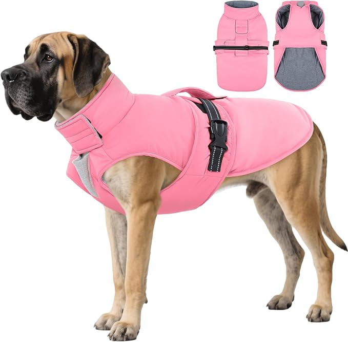 IECOii Jacket for Dogs - Reflective, Adjustable & Windproof Winter Coat with Quick-Release Buckles, Waterproof, Warm Fleece Lined Vest for Walking, Camping, Pink, Size 5XL