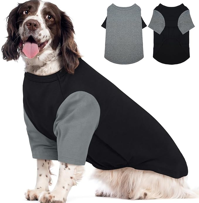 2 Pack Dog Shirt for Large Dogs XXL - Soft Breathable Cotton Tees, Freedom of Movement Prevents Overheating Clothes for Border Collie, Pitbull, Boxer, Hiking, Play, Casual Wear, GreyBlack