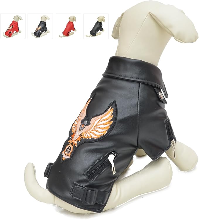 Lovelonglong Cool Dog Leather Jacket, Warm Coats Dogs Windproof Cold Weather Coats for Large Medium Small Dogs with Eagle Embroidery Black S