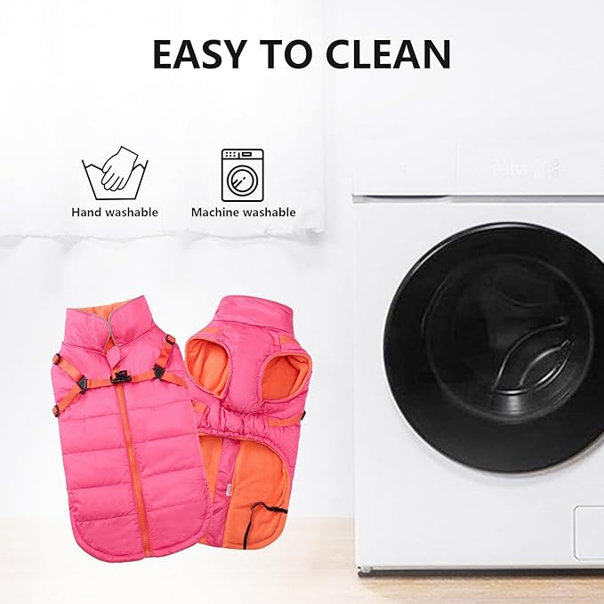Geyecete Winter Warm Coat Waterproof Dog Winter Jacket with Harness Traction Belt,Windproof Pet Outdoor Jacket Dog Autumn-Pink-M