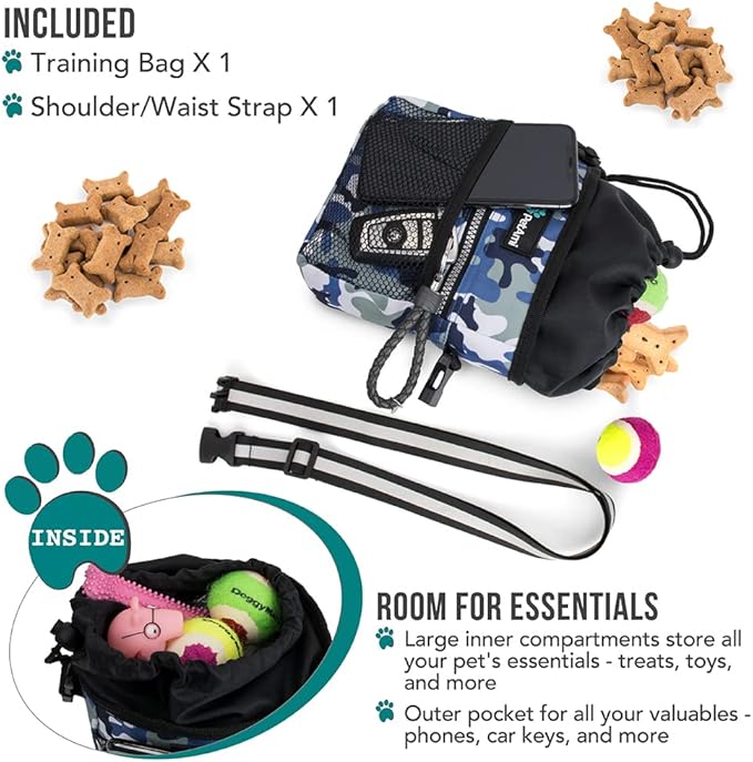 PetAmi Dog Treat Pouch, Pet Treat Pouch for Training, Dog Walking Bag Holder for Kibbles, Pet Food Toy, Dog Trainer Essentials Supplies, Poop Bag Dispenser, 3 Ways to Wear (Camo Blue)