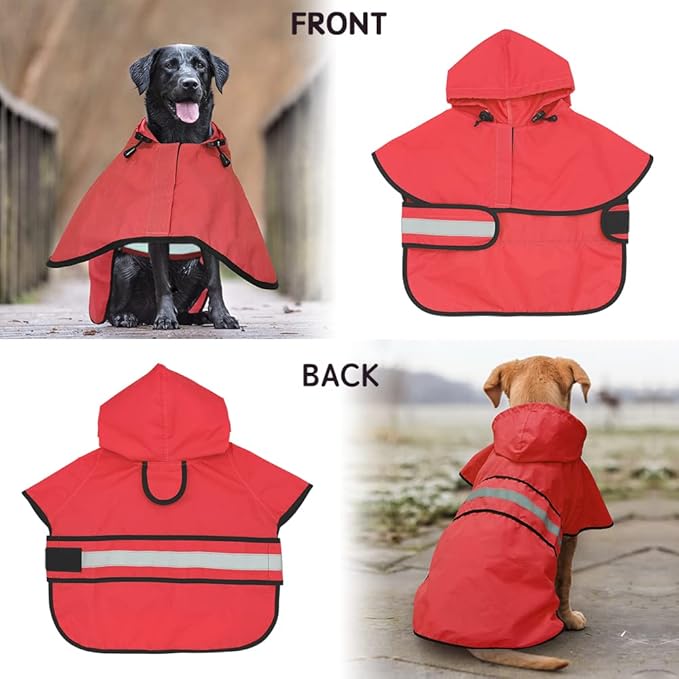 Candofly Dog Raincoat Hooded Poncho - Adjustable Waterproof Dog Rain Jacket Lightweight Reflective Dog Rain Coat Pet Slicker for Small Medium Large Dogs (Large, Bright Red)