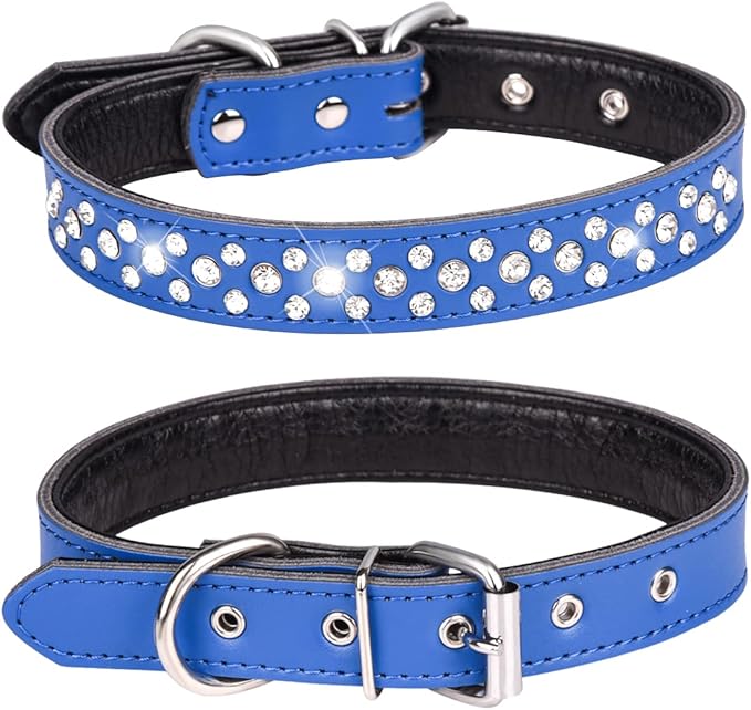 Rhinestones Dog Collar, Adjustable Sparkly Crystal Studded Genuine Leather Pet Dog Collar for Small and Medium Dogs (S, Dark Blue)