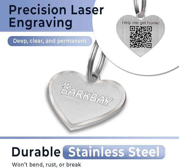 Dog Tags Personalized for Pets,Dog Name Tags QR Code,No Subscription Fees,Modifiable Pet Online Profile,Stainless Steel,No App Required,for Dogs and Cats Small,Medium,Large(Heart,Regular)