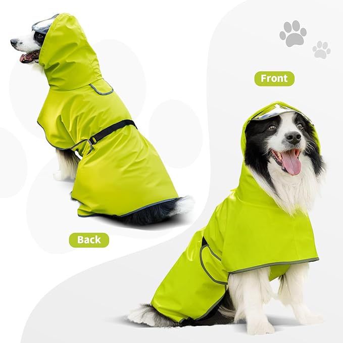 Dog Raincoat, Waterproof Windproof Dog Rain Jacket with Hood, Rain Coat with Leash Hole, Adjustable Raincoat Poncho for Small Medium Large Dogs Outdoor (Neon Yellow, X-Large)