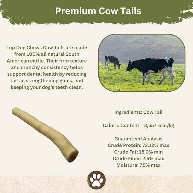Top Dog Chews - 6 Inch Cow Tails, High-Protein Dog Treats, 100% Naturally Sourced Dog Chew from Free Range Grass-Fed Cattle, Beef Bull Puppy Treats