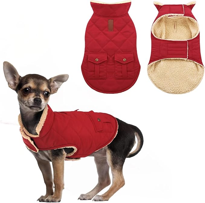 ASENKU Warm Dog Winter Coat, Waterproof Dog Coat for Cold Weather, Fleece Dogs Jacket with Ultra Thick Plush Lining Leash Hole Storage Pockets for Medium Dogs (Red, Medium)