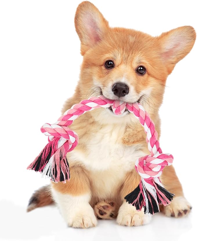 SZEE Dog Rope Toy, 14 in 3 Knots Chew Rope for Small Medium Dogs, Natural Cotton Pull Toy for Tug of War and Teeth Cleaning (Pink)