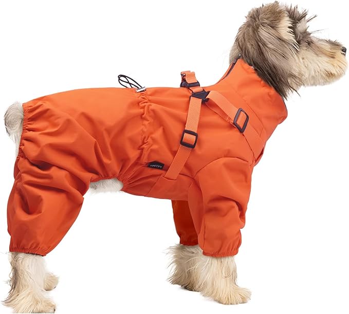 BRKURLEG Dog Raincoat for Small Dogs, Small Dog Rain Jacket with Harness Built in, Waterproof 4 Legs Pet Raincoats, Puppy Outdoor Jacket with Reflective Strip, Orange, XXL